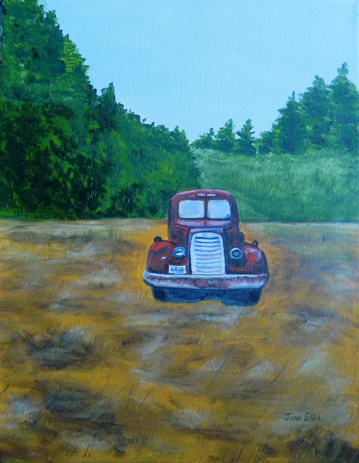 Antique Truck is an original oil painting on 11x14 canvas shows an antique truck in a field