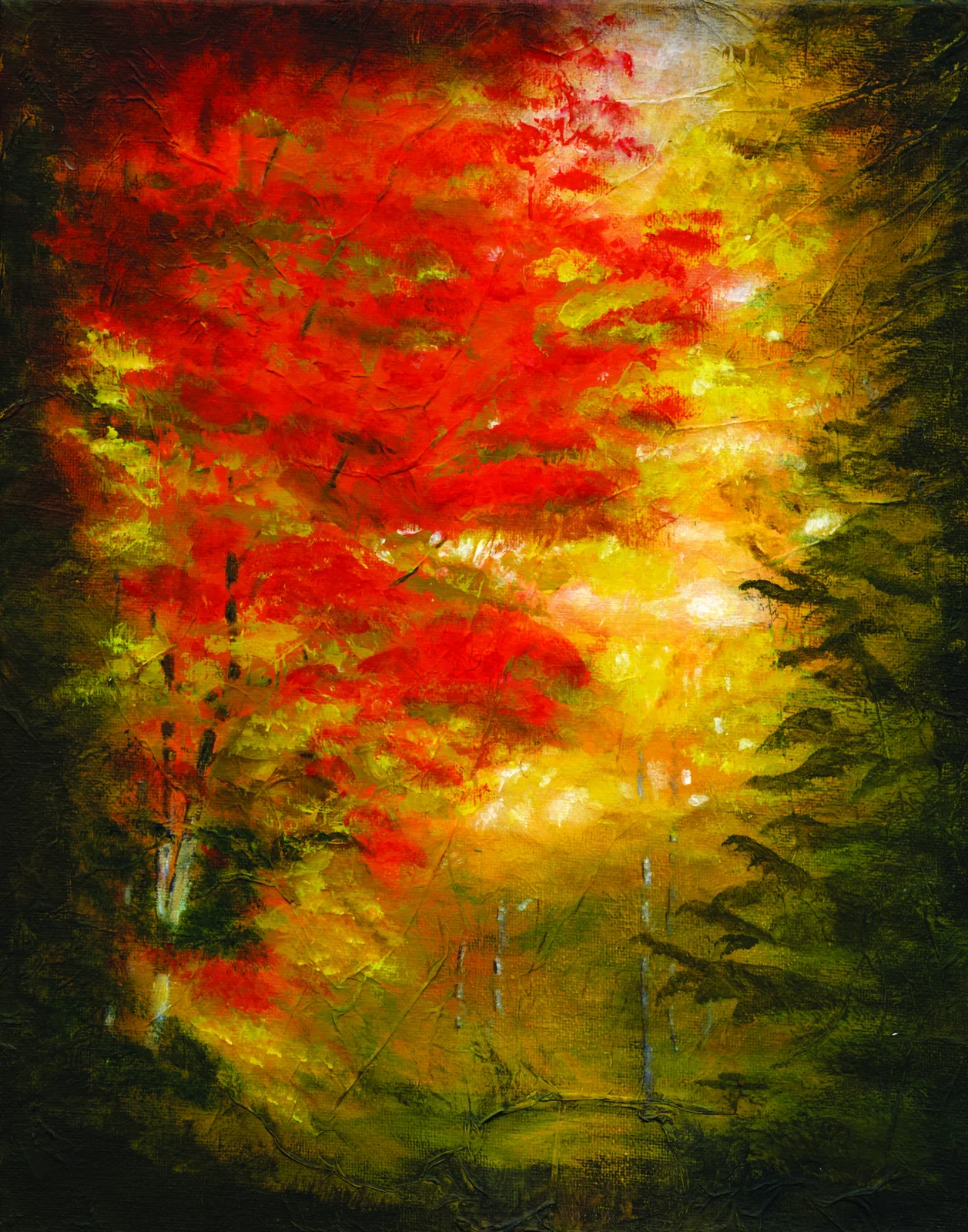 Firey red and yellow tree painted in textured acrylic