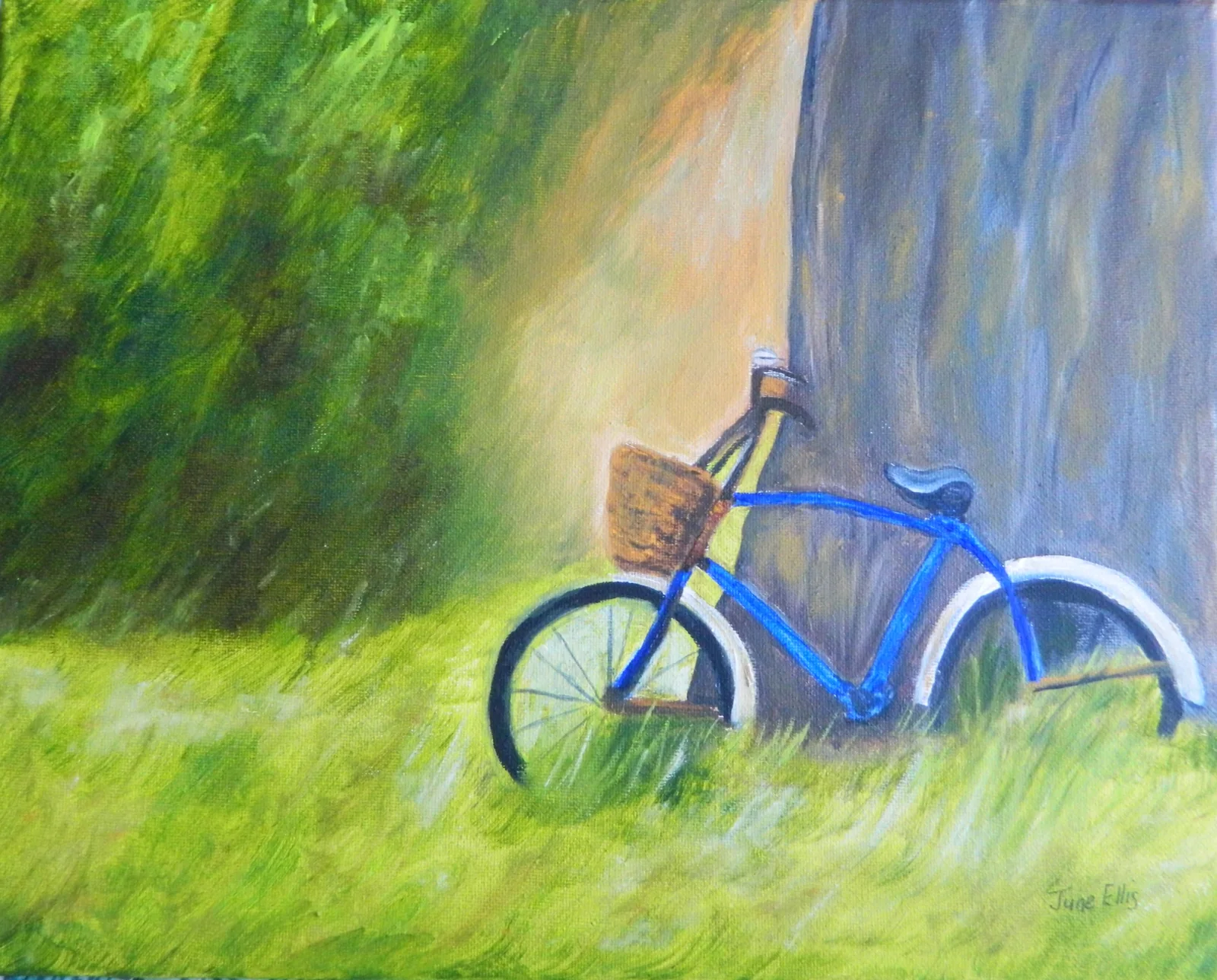 Blue Bicycle is an original oil painting on 11x14 canvas shows a blue bicycle leaning up against a tree