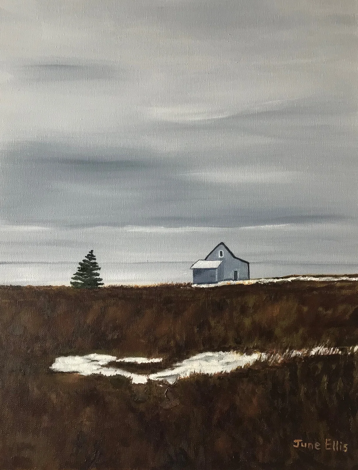 original oil painting of cabin in the snow on Prince Edward Island created by PEI Artist June Ellis