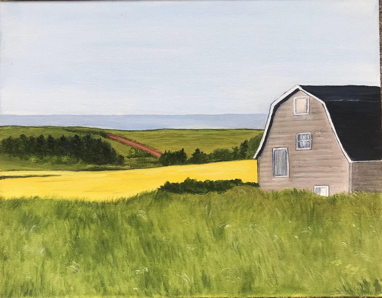 original oil painting of farm fields and a weathered barn, PEI Art by June Ellis