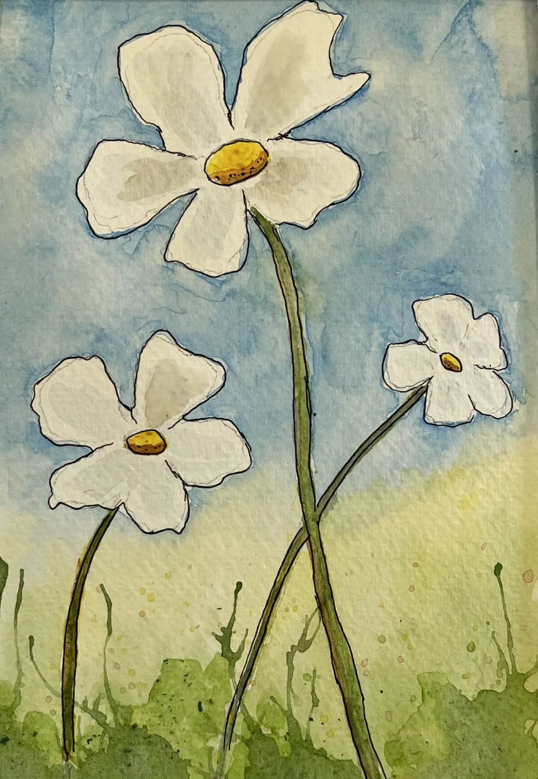 Watercolor painting of white dancing flowers by PEI artist June Ellis