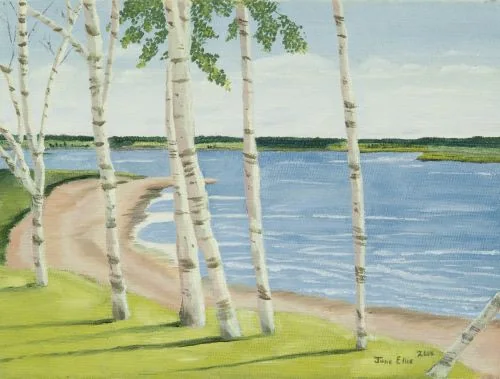 Large painting of birch trees and water in the background