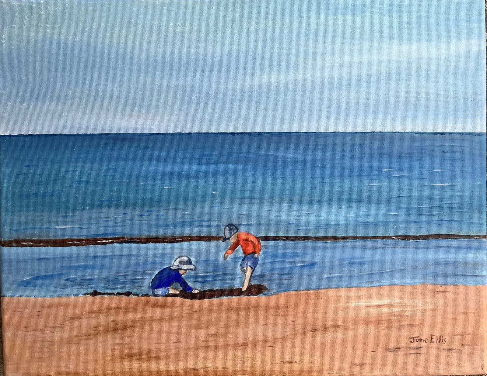 Original oil painting of Two boys playing on a Prince Edward Island beach digging for treasure by June Ellis PEI artist