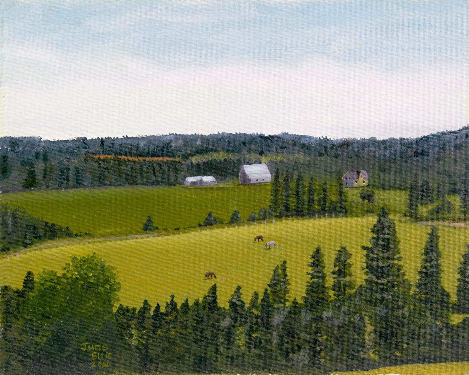 Green rolling fields with horses and barns in the distance