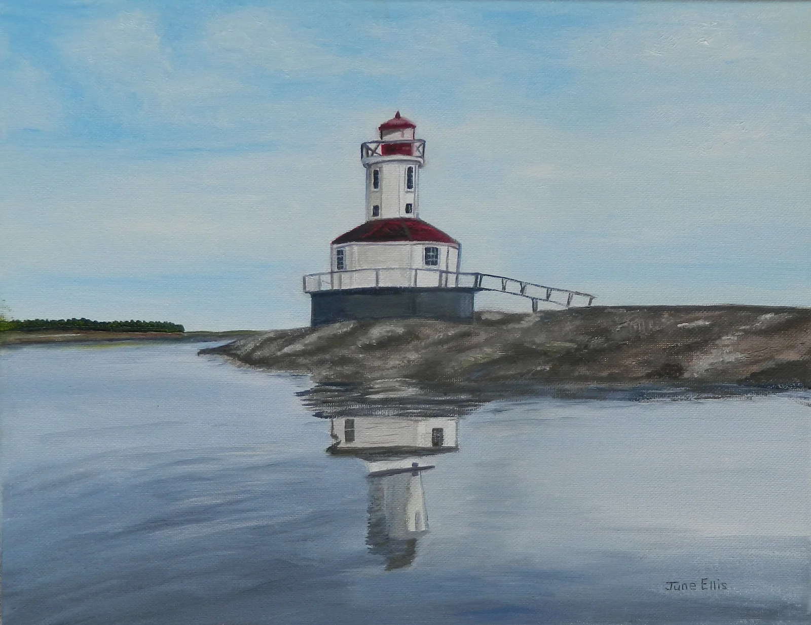 Lighthouse in Summerside Prince Edward Island is an original oil painting on 11x14 canvas shows a lighthouse and reflection