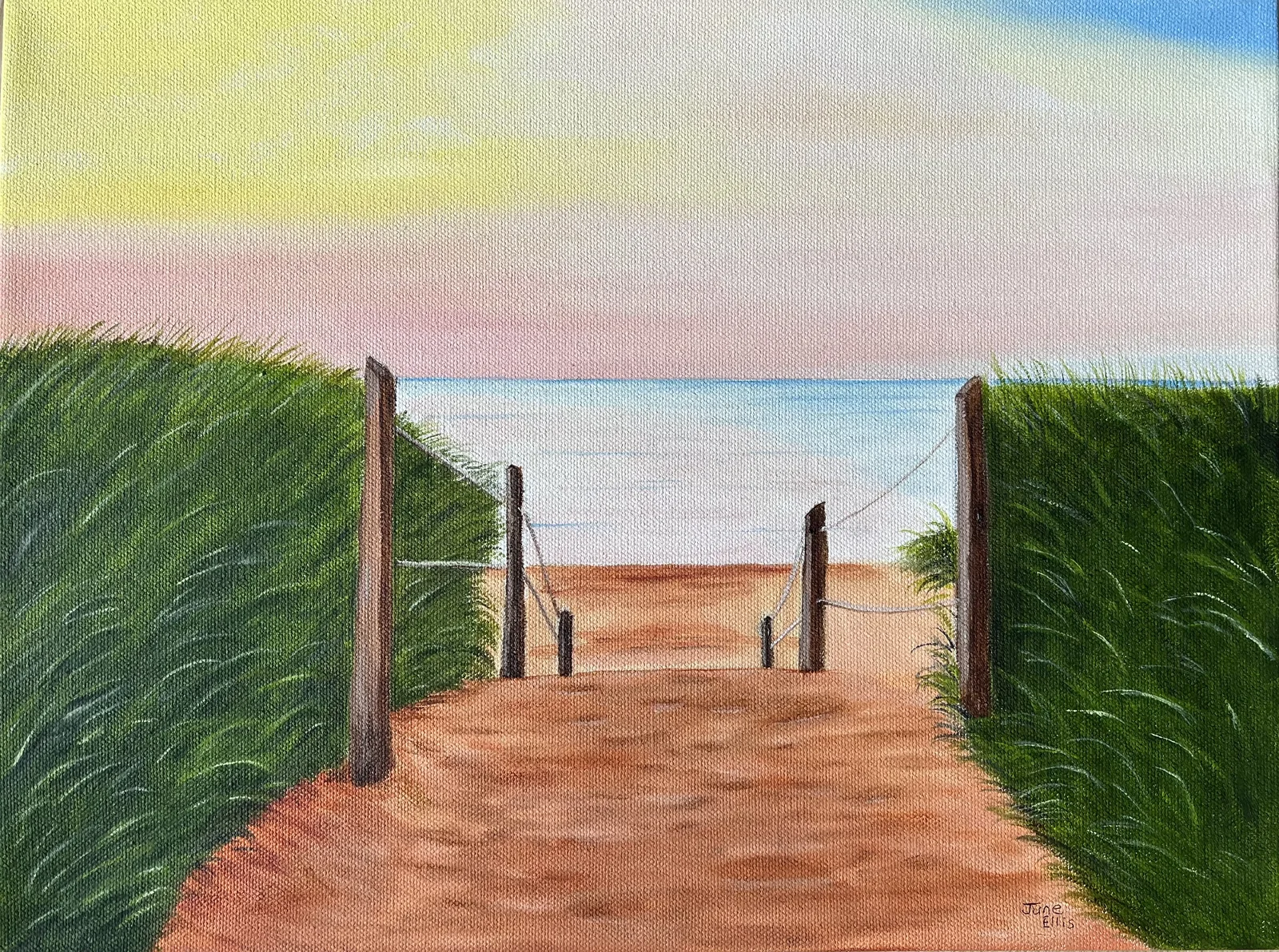 Beach scene painting of sandy path and ocean waves on Prince Edward Island by PEI Artist June Ellis