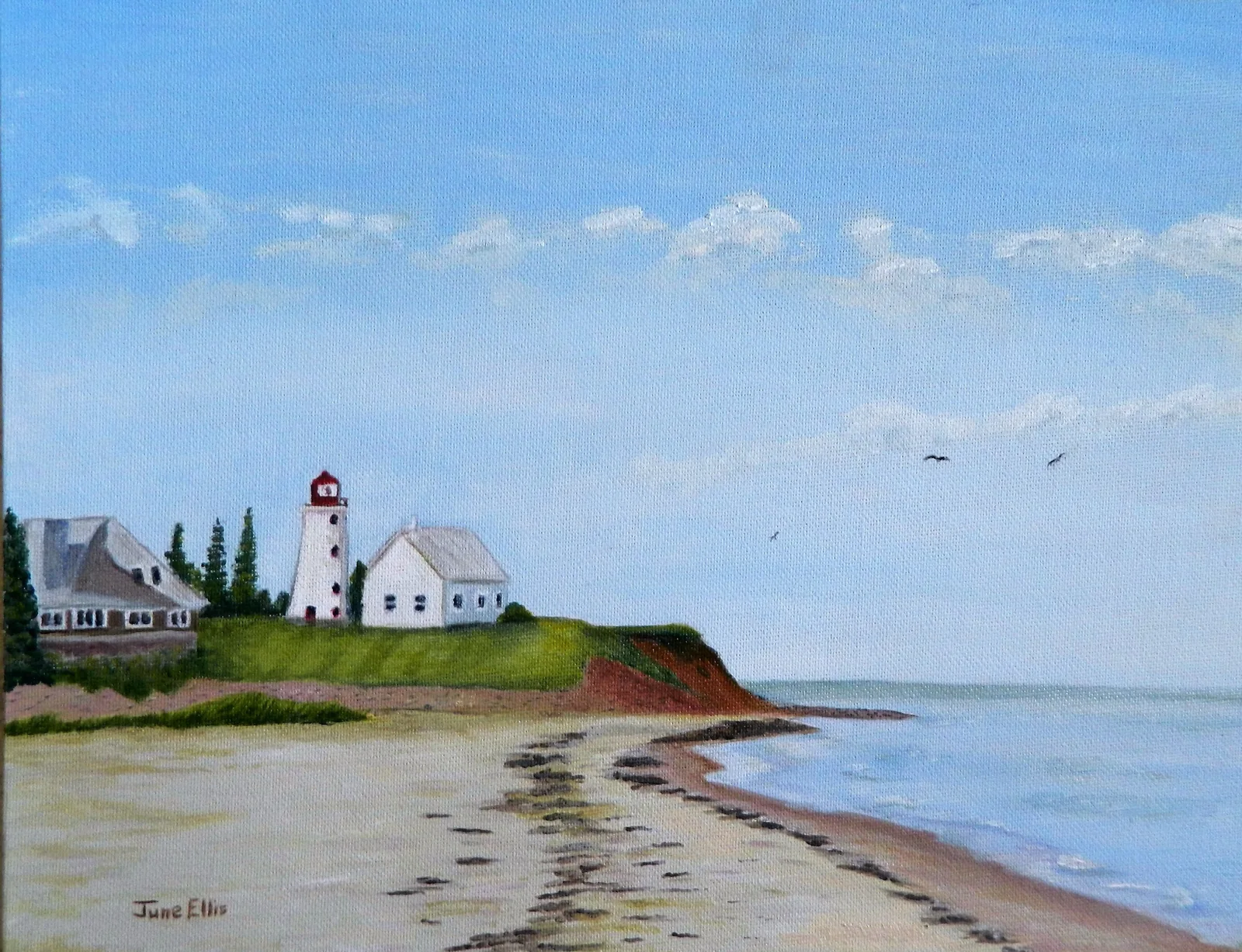A print of the original painting of lighthouse at Panmure Island PEI and the sandy beach by Island artist June Ellis