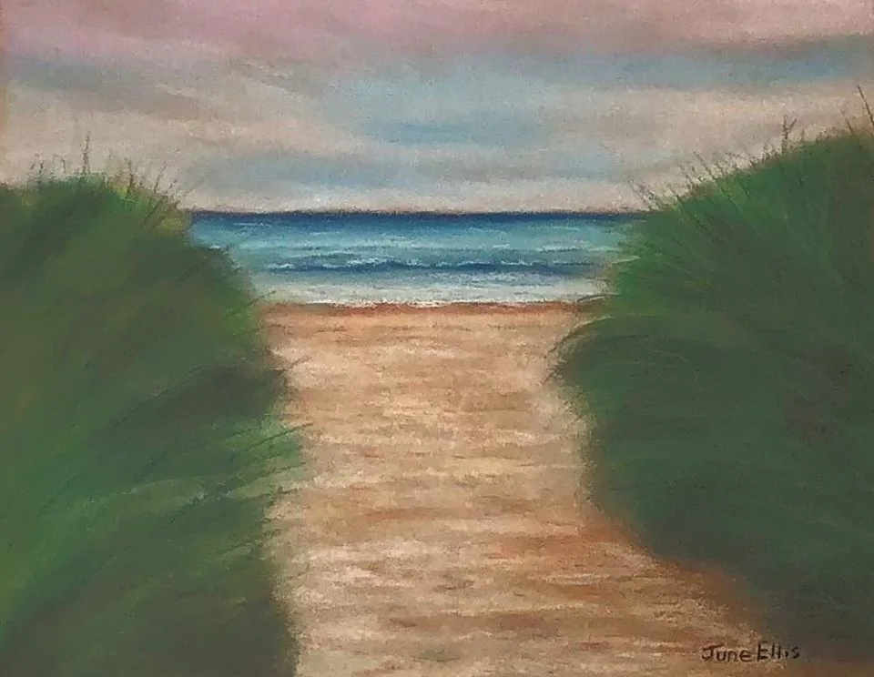 Pastel landscape painting of a sandy path leading to a Prince Edward Island beach by June Ellis PEI Artist