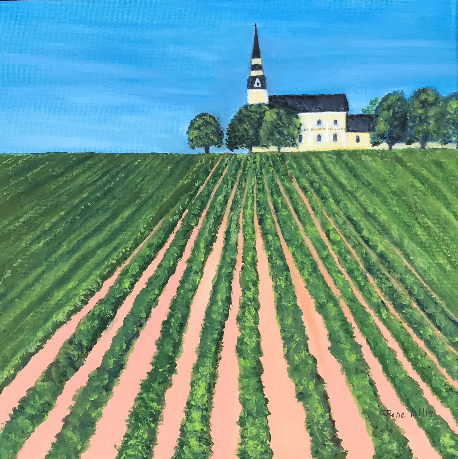 A print from an original oil painting of a potato field and church on Prince Edward Island by June Ellis PEI Artist