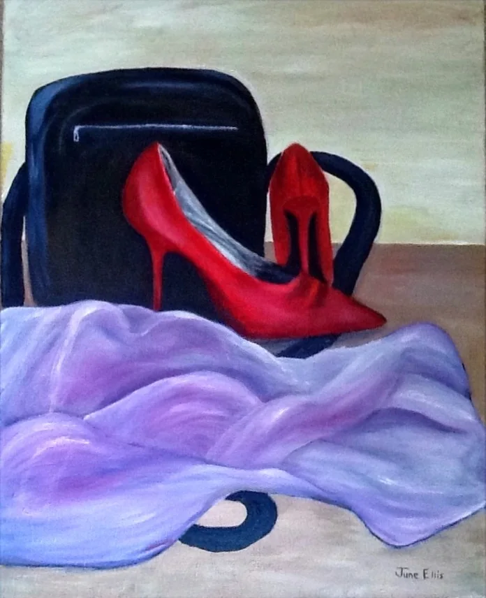 Bright red shoes with black handbag and mauve scarf in the foreground. Painted in acrylic