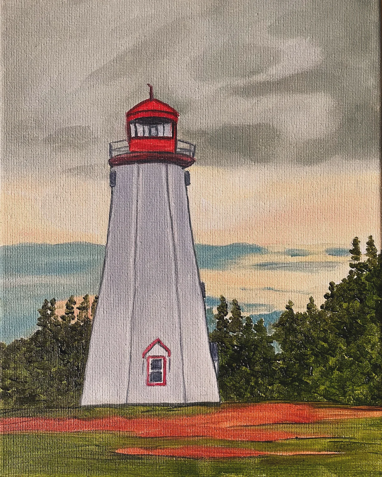 Oil painting of Seacow Head Lighthouse and red cliffs on Prince Edward Island by June Ellis PEI Artist