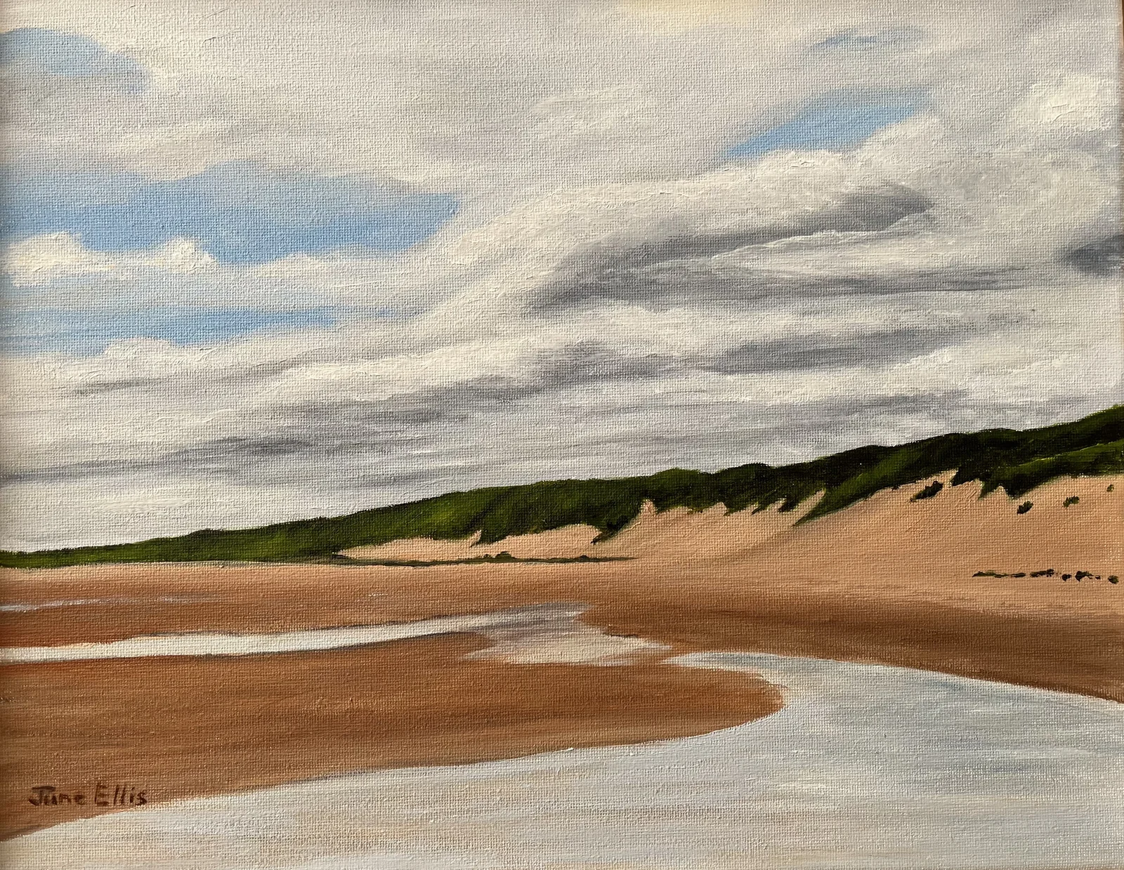 Seascape oil painting of shifting sand dunes on Prince Edward Island’s red shoreline by June Ellis PEI Artist