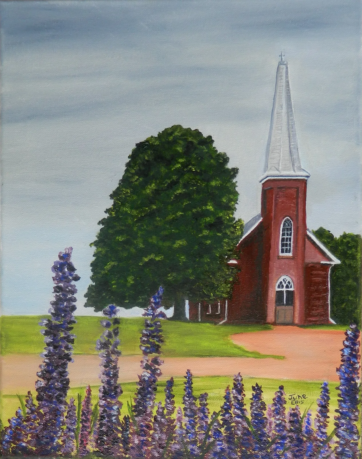 St. Margarets, Prince Edward Island is an original oil painting on 11x14 canvas shows a stone church with lupins PEI Art