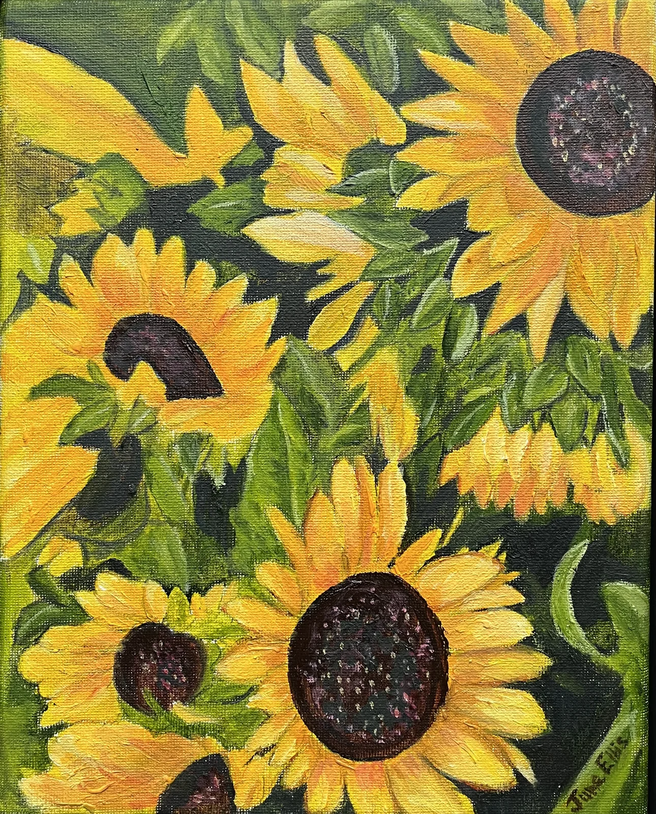 Original 8x10 oil painting of a bunch of sunflowers by PEI artist June Ellis