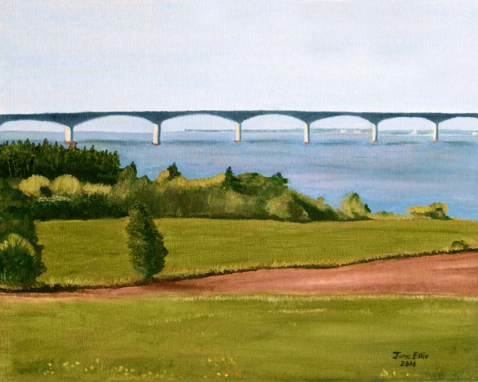 Confederation bridge with fields in the foreground