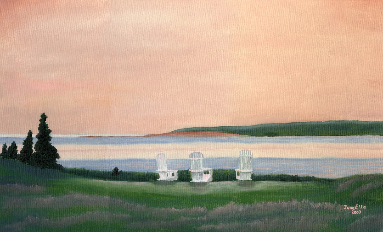 Three white lawn chairs overlooking the sunset at the beach