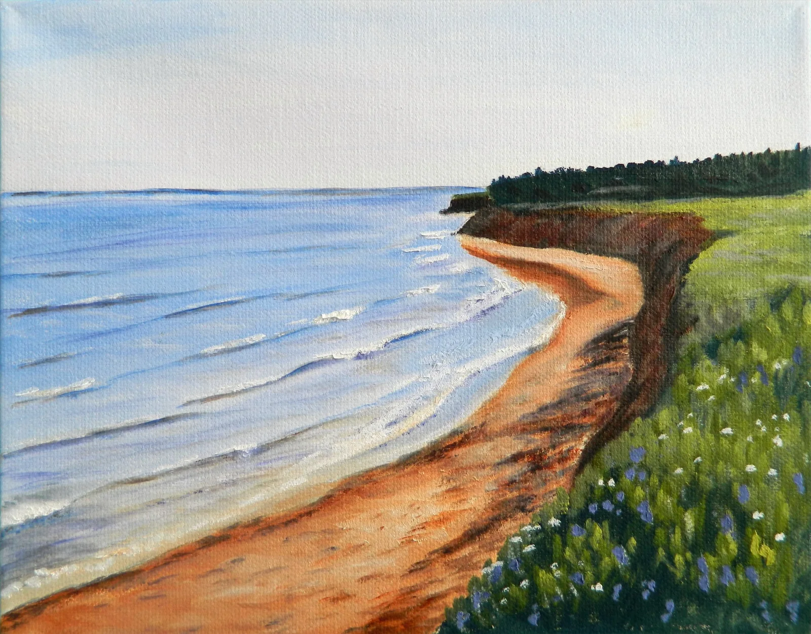 8x10 oil painting of sandy beach and cliffs